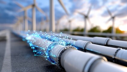 Pipeline Network Connecting Wind Turbines at Sunset, Representing Renewable Energy Infrastructure and Technological Advancement for Green Innovation : Generative AI