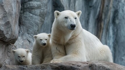 A mother polar bear sits on rocky ground with her two playful cubs nearby. The bears display their thick white fur against a rugged, natural backdrop in a serene environment.