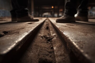 Pair of Shoes Standing on Railroad Tracks, Representing Travel and the Journey of Life, With a Sense of Exploration and Discovery : Generative AI