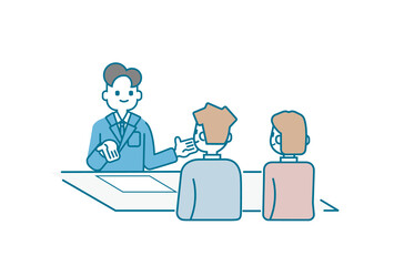 顧客の男女に資料を説明するビジネスマンのイラスト