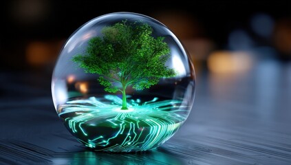 Green Tree Growing on Digital Circuit Board Under Glass Dome, Symbolizing Sustainable Technology and Environmental Innovation for Corporate Responsibility : Generative AI