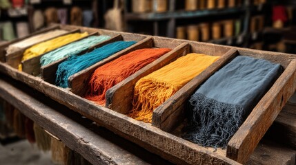 Assortment of Colorful Scarves in Rustic Wooden Tray, Showcasing Textile Craftsmanship and Artisan Heritage for Fashion and Retail Promotion : Generative AI