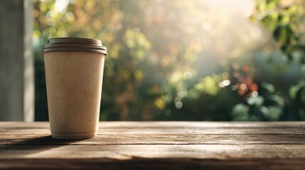morning coffee moment a paper cup on a wooden table with soft light serene coffee break ecofriendly cup in a natural setting