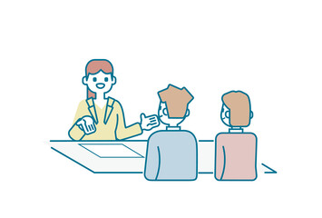 男女に資料を説明するビジネスウーマン