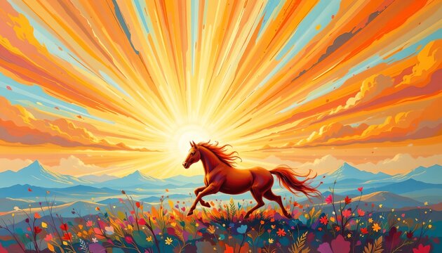 Majestic horse galloping across a vibrant meadow sunrise landscape art dreamy horizon nature's splendor