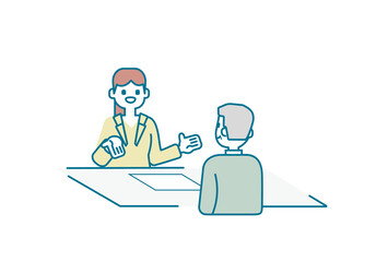 シニアの男性に資料を説明するビジネスウーマン