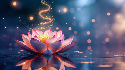 Magical lotus on calm water with golden light rising, illustrating peace, mindfulness, and meditation.