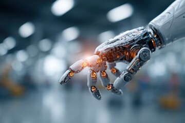 Robotic Hand Reaching Out in a Factory Setting, Symbolizing Automation and Technological Advancement in Manufacturing and Digital Transformation : Generative AI