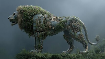 Steampunk Lion Statue Covered in Vines and Flowers, Representing Nature's Resilience and Technological Innovation, Perfect for Environmental Awareness Campaigns : Generative AI