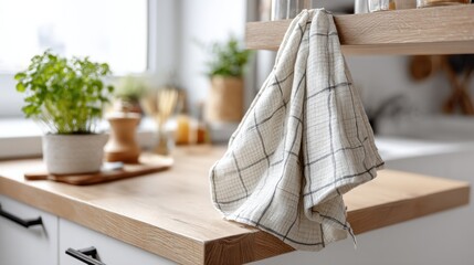 Linen Towel Hanging in Modern Kitchen, Showcasing Home Decor and Cleanliness for Interior Design Projects and Lifestyle Advertising : Generative AI