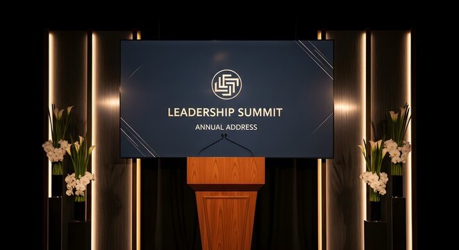 Leadership Summit Presentation Podium and Screen Announce Annual Address with Floral Decor