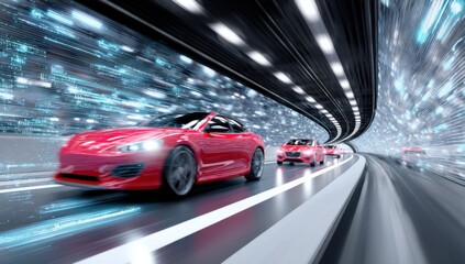 Red Cars Speeding Through Data Tunnel, Illustrating Automotive Innovation and Technological Advancement for Future Transportation Solutions : Generative AI