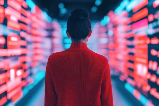 Woman in red sweater standing in front of glowing digital screens displaying data, exploring new technology and the future