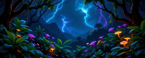 Fototapeta premium Bioluminescent jungle adventure during storm lush landscape digital art nighttime surreal experience