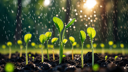 Young corn seedlings rise from rich soil under rain and sunlight for sustainable agriculture, farm growth, green crop