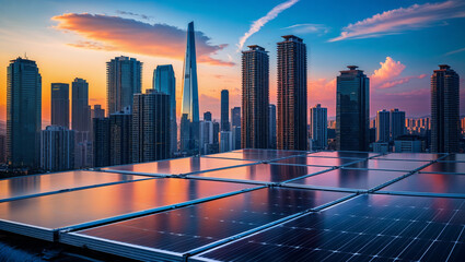 Renewable energy concept solar panels on tall buildings promoting clean and sustainable electricity.
