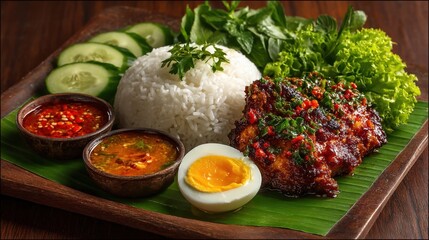 Delicious Indonesian Ayam Geprek Dish Served With Rice, Egg, and Vegetables, Showcasing Culinary Tourism and Authentic Cuisine : Generative AI