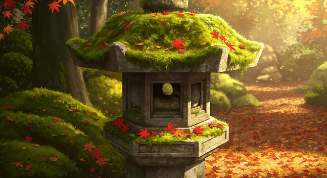 Zen Japanese garden stone lantern with moss and autumn maple leaves under warm sunlight