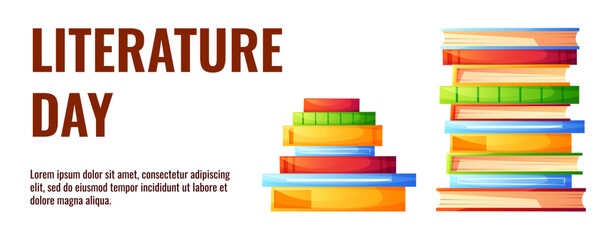 Horizontal flyer with colorful books on a bookshelf, with the text Literary Day. A poster template for a book market. Bookstore, library, reading concept, book festival. World Book Day.