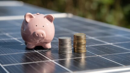 A pink piggy bank sits next to two stacks of coins on a solar panel, representing financial savings and investment in renewable energy. The sunlight enhances the green energy theme.