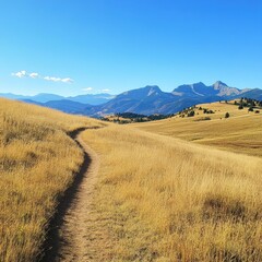 Fototapeta premium Sunny, golden meadow path winds to distant mountains