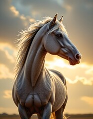 Nostalgic cinematic horse silhouette against sunset open field nature scene dreamlike atmosphere inspirational view