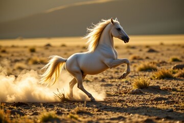 Playful horse kicking up dust desert landscape animal photography warm sunset dynamic action shot