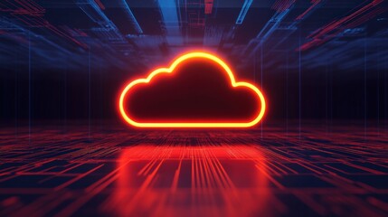Glowing cloud icon symbolizing cloud computing, data storage, and network technology in a dark, abstract digital environment