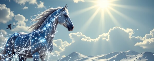 Majestic silver horse amidst snowy peaks nature digital art bright daylight ethereal beauty