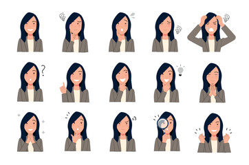 Vector illustration set of woman character with various emotions and gestures. Perfect for business, freelance, remote work, social media, online meetings, chat stickers and web design.