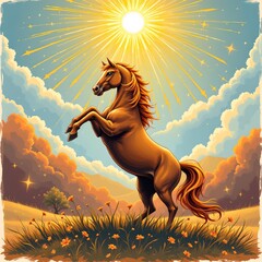 Majestic sketchstyle horse rearing in sunlit meadow nature art vibrant landscape inspirational view