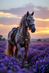 Majestic steampunk horse in lavender fields at sunset nature scene vibrant landscape captivating perspective
