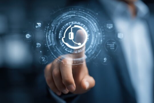 Man Touching Customer Service Icon on Digital Interface, Representing Support and Telecommunications Solutions : Generative AI