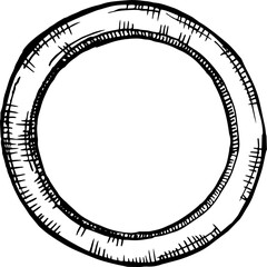 Hand-drawn sketchy circle frame. Rustic textured round border. Artistic vintage ring design element.