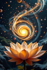 Surreal golden spiral galaxy with lotus flower cosmic space digital art dreamy environment ethereal viewpoint