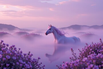 Surreal lavender mist pool with majestic horse enchanted landscape dreamlike environment mystical viewpoint