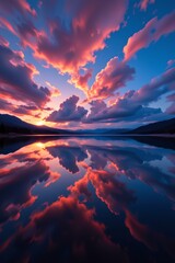 Surreal neon reflections mirror lake landscape vibrant skies nature's artistry twilight serenity