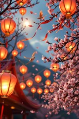 Swirling lanterns emitting warm golden glow cherry blossom festival nighttime festive atmosphere enchanting view