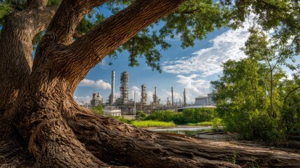 An impressive tree with extensive roots stands near an industrial area. The bright sky and lush greenery contrast with the factories and structures in the background.