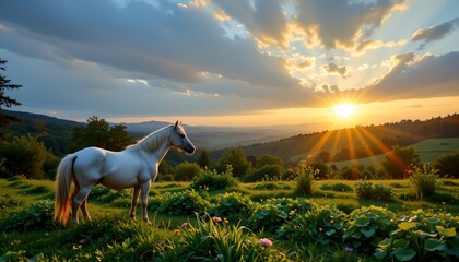 Silvershimmer horse grazing at sunset in verdant paradise nature landscape tranquil viewpoint