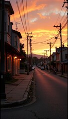 Vintage street at dusk with warm sunset glow small town photography urban landscape eye-level serene atmosphere