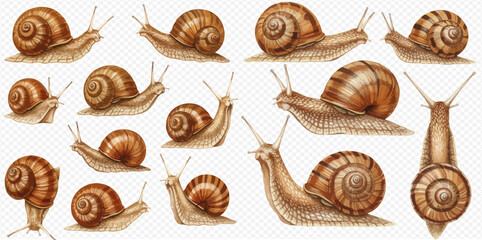 A collection of detailed hand-drawn illustrations of garden snails with brown spiral shells and light bodies, depicted from various perspectives.