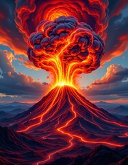 Volcanic eruption spectacle mountainous region digital art vibrant atmosphere aerial view nature’s fury unleashed