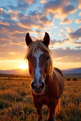 Serene horse at sunset open field nature photography warm environment close-up view inspiring beauty
