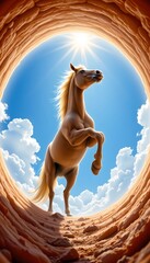 Majestic horse rearing in sunlit canyon nature photography worm’s eye view glowing atmosphere
