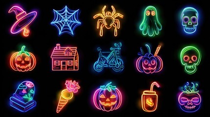 vibrant neon halloween icons collection featuring spooky holiday symbols and festive decorations