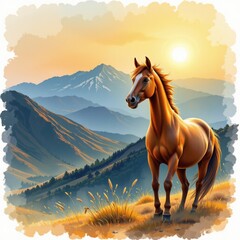 Breathtaking sunset watercolor worm’s eye view of a majestic horse in mountain landscape