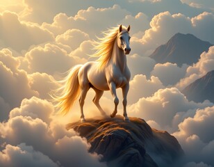 A breathtaking aerial perspective capturing a majestic white horse above the clouds ethereal landscape dreamy viewpoint