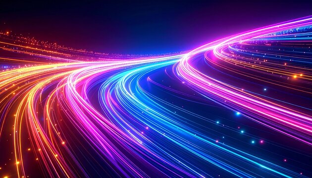 Vibrant neon light trails, abstract digital data flow, futuristic technology background with glowing particles