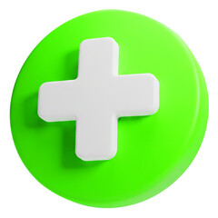 A direct, head-on view of a vibrant green circular 3D button featuring a bold white plus or cross symbol. This digital icon signifies addition, positive, new, health, and growth.